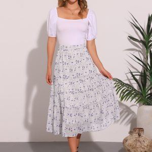 Chiffon Floral Printed Long Tiered Ruffle Boho Midi Skirt White Purple/XL - Allegra K catalog