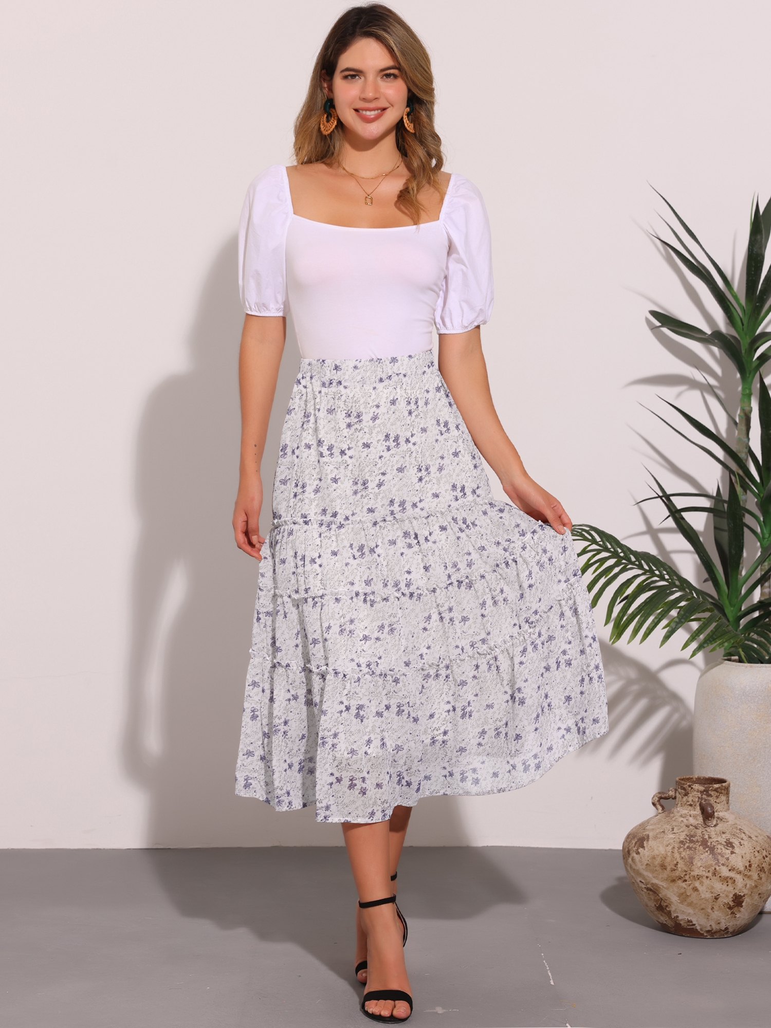 Chiffon Floral Printed Long Tiered Ruffle Boho Midi Skirt White Purple/XL - Allegra K catalog