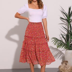 Chiffon Floral Printed Long Tiered Ruffle Boho Midi Skirt Deep Red/XL - Allegra K catalog