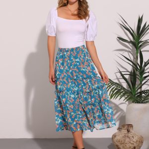 Chiffon Floral Printed Long Tiered Ruffle Boho Midi Skirt Blues/M - Allegra K catalog