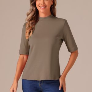 Mock Neck Solid Color Short Sleeves Casual T-shirts Camel/S - Allegra K catalog