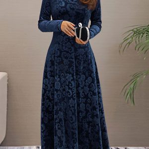 Elegant Vintage Velvet Floral V Neck Long Sleeves Maxi Dress Blue/S - Allegra K catalog