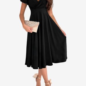 Versatile Crewneck Solid Color V Neck Puff Short Sleeve Midi Dress with Elastic Waist Black/M - Allegra K catalog