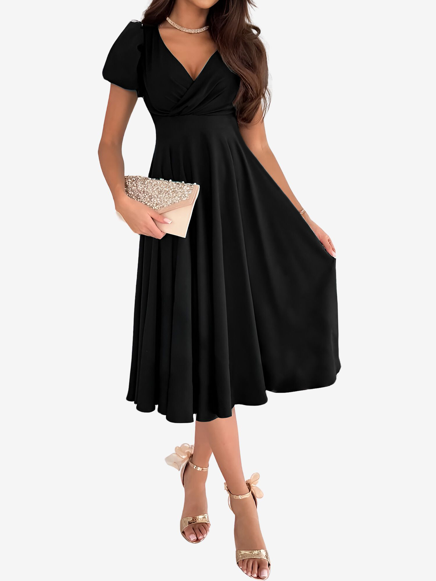Versatile Crewneck Solid Color V Neck Puff Short Sleeve Midi Dress with Elastic Waist Black/M - Allegra K catalog