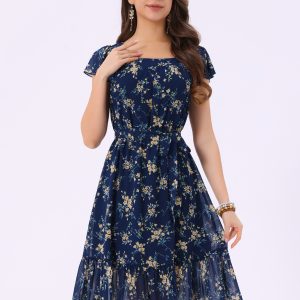 Floral Chiffon Flutter Sleeve Belted Square Neck Ruffled Hem Dress Blue/XS - Allegra K catalog