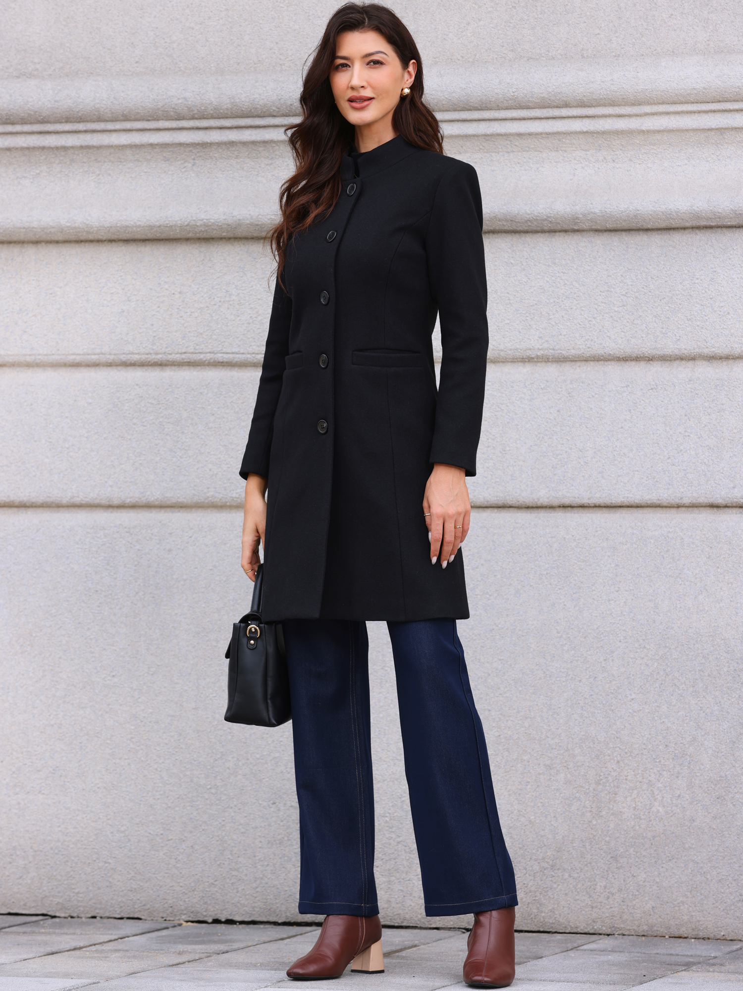 Stand Collar Single Breasted Mid-Long Overcoat Black/M - Allegra K catalog