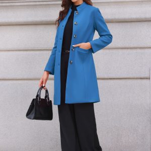Stand Collar Single Breasted Mid-Long Overcoat Blue/M - Allegra K catalog