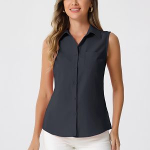 Denim Button Down Sleeveless Lapel V Neck Chambray Tunic Top Black/XL - Allegra K catalog