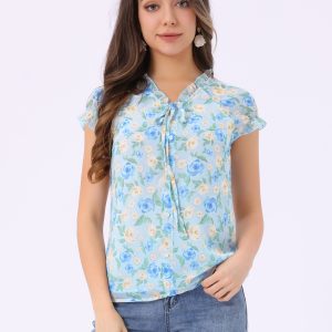 Ditsy Floral Print Chiffon Short Sleeve Ruffle Blouse Sky Blue/XS - Allegra K catalog