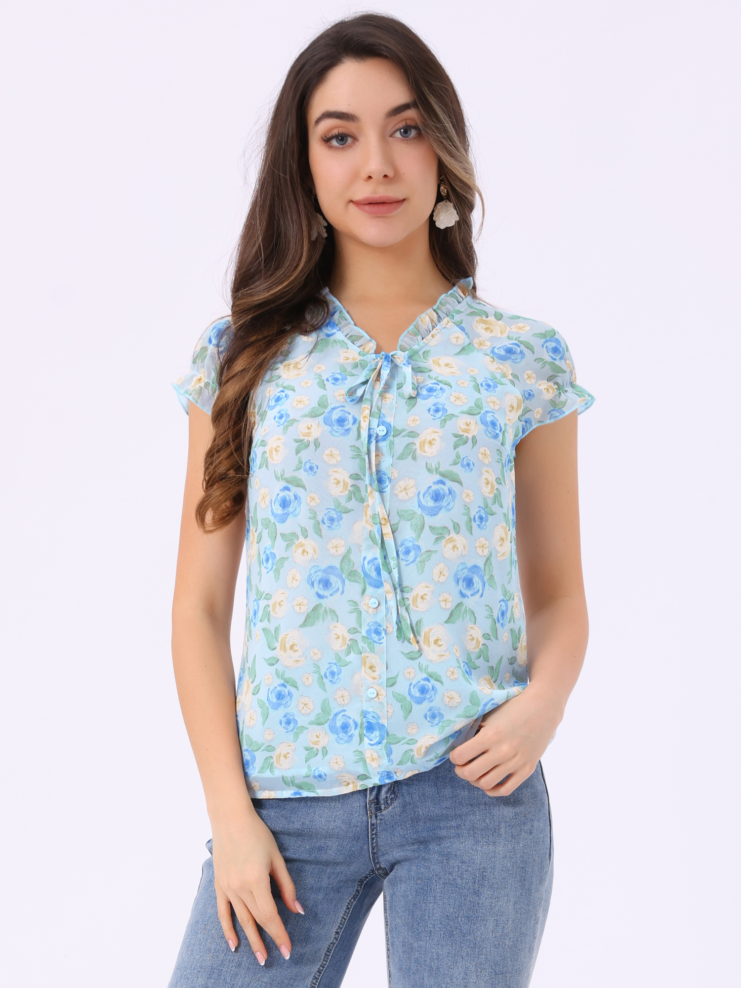 Ditsy Floral Print Chiffon Short Sleeve Ruffle Blouse Sky Blue/M - Allegra K catalog