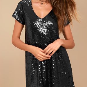 V Neck Sequin Short Sleeves Mini Party Dress Black/XS - Allegra K catalog