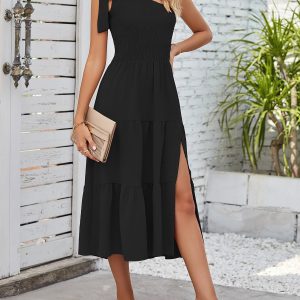 Elastic Smocking & Asymmetric Slit Sleeveless Tiered Party Night Elegant Dress Black/S - Allegra K catalog