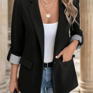 Flattering Rolled Sleeves Notched Lapel Buttoned Lightweight Office Casual Jacket Blazer Black/XL - Allegra K catalog