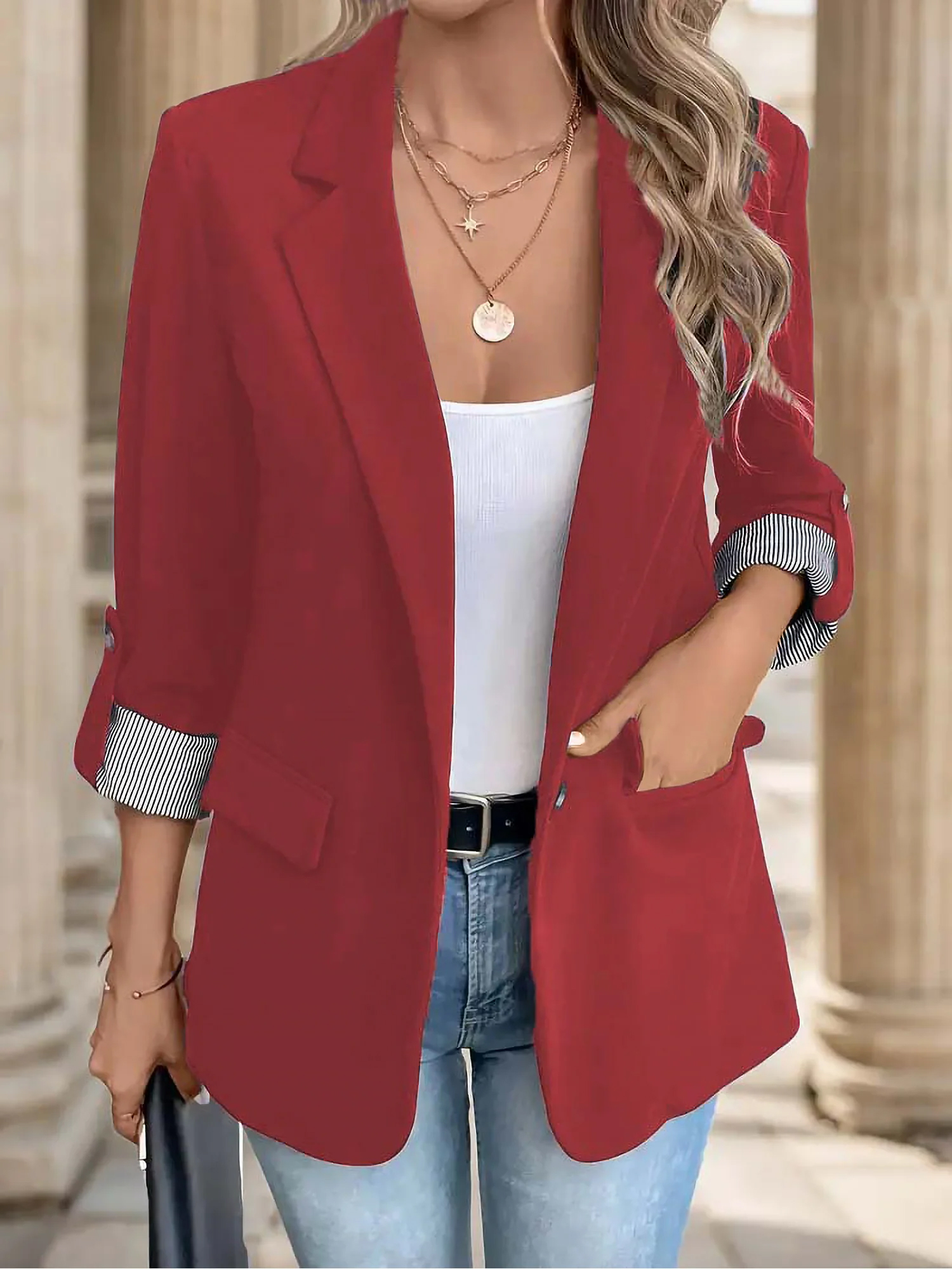 Flattering Rolled Sleeves Notched Lapel Buttoned Lightweight Office Casual Jacket Blazer Red/M - Allegra K catalog