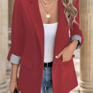 Flattering Rolled Sleeves Notched Lapel Buttoned Lightweight Office Casual Jacket Blazer Red/XL - Allegra K catalog