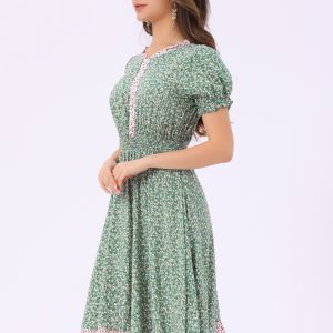 Floral Ruffle Neck Smocked Waist Short Sleeve Midi Dress Light Green/M - Allegra K catalog