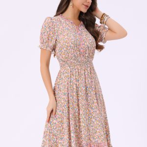 Floral Ruffle Neck Smocked Waist Short Sleeve Midi Dress Beige/XL - Allegra K catalog