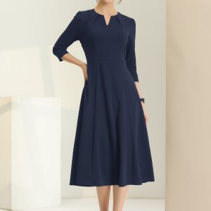 Notch Neck Pocketed 3/4 Sleeve Solid A-Line Work Dress Navy Blue/2XL - Allegra K catalog