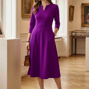 Notch Neck 3/4 Sleeve Pocketed Solid A-Line Work Dress Dark Purple/L - Allegra K catalog