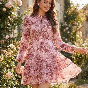 Floral V Neck Semi Sheer Layered Tiered Mini Dress Pink Floral/M - Allegra K catalog