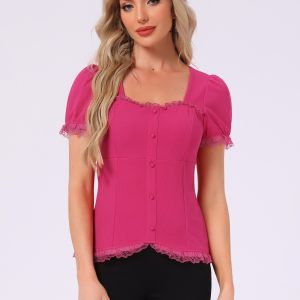 Sweetheart Neck Puff Short Sleeve Lace Up Gothic Blouse Hot Pink/L - Allegra K catalog