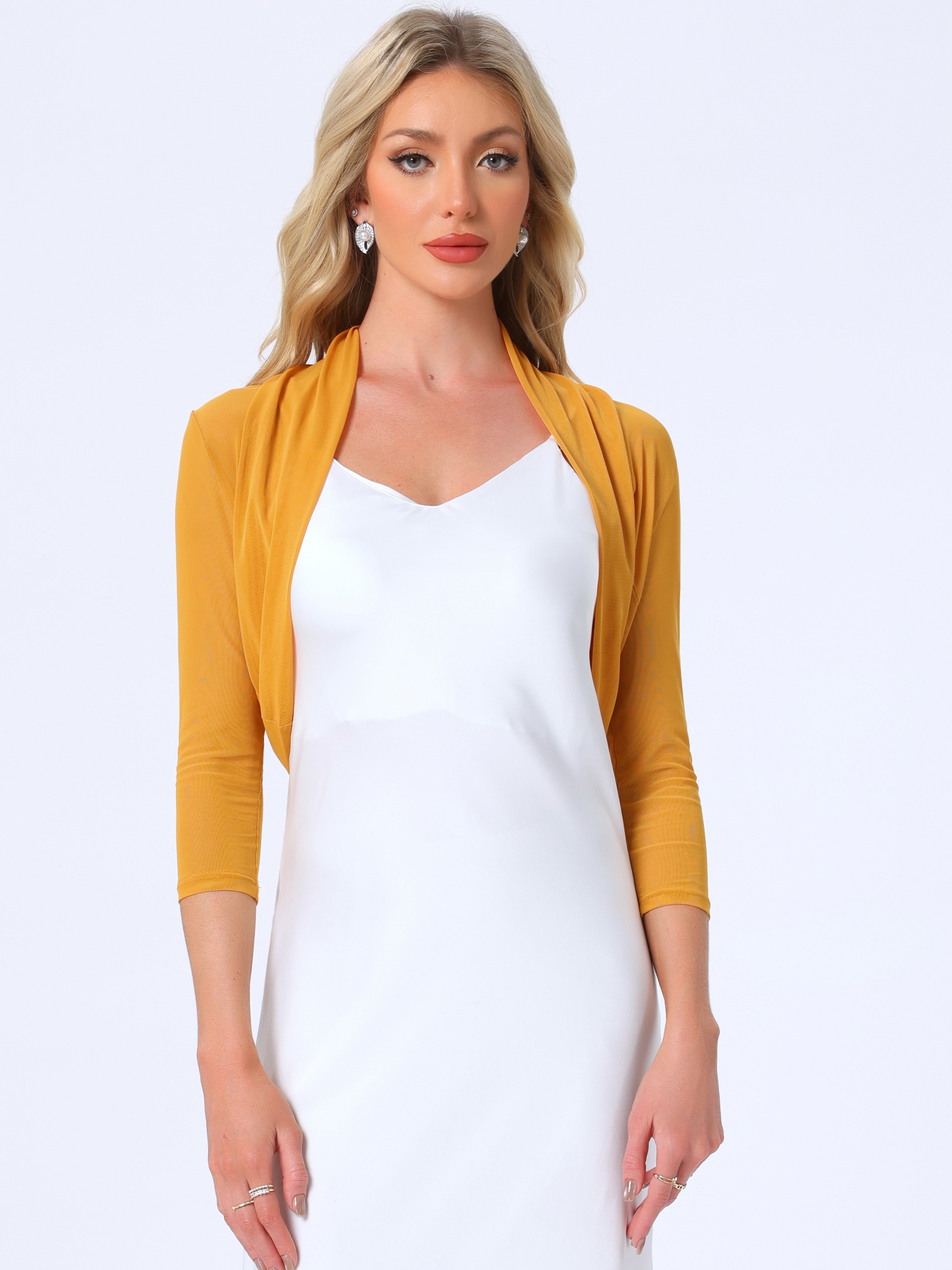 Semi Sheer Mesh 3/4 Sleeve Stretchy Cropped Bolero Shrug Ginger/L - Allegra K catalog