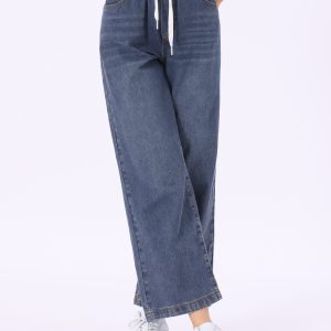 Casual Denim Pants Drawstring Elastic Waist Wide Legs Jeans Grey Blue/XL - Allegra K catalog