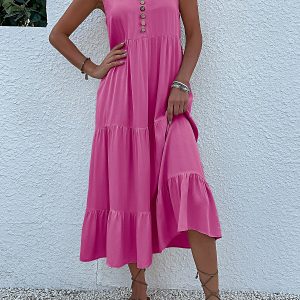 Notch Neck Buttoned Sleeveless Tiered Midi Dress Hot Pink/L - Allegra K catalog