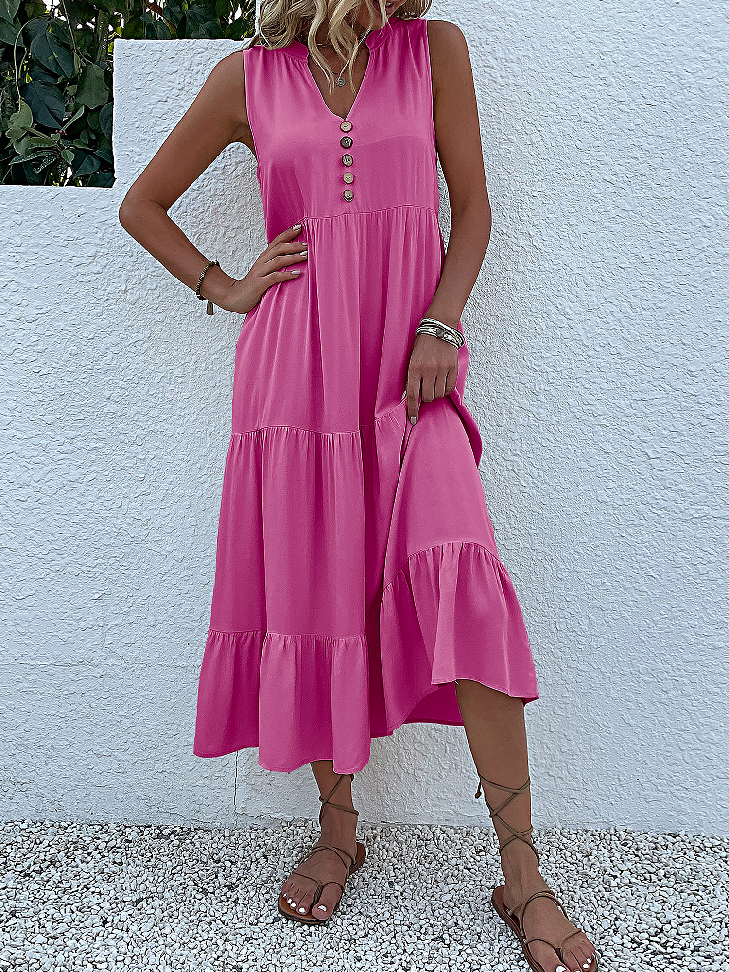 Notch Neck Buttoned Sleeveless Tiered Midi Dress Hot Pink/L - Allegra K catalog