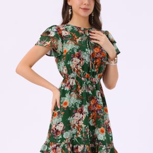 Ruffle Sleeve V Neck Above Knee A-Line Floral Chiffon Dress Emerald Green/L - Allegra K catalog