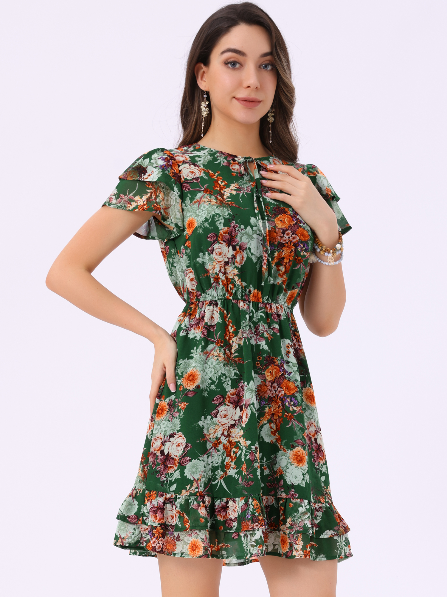 Ruffle Sleeve V Neck Above Knee A-Line Floral Chiffon Dress Emerald Green/L - Allegra K catalog