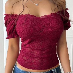 Y2K Style Lace Sheer Off Shoulder Blouse Burgundy/L - Allegra K catalog