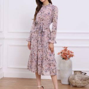 Floral Long Sleeve Belted Flowy Chiffon Midi Dress Pink/L - Allegra K catalog