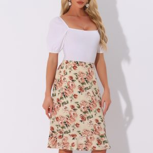 Floral Ruffle Elastic High Waist Button Flowy Split Midi Skirt Beige/3XL - Allegra K catalog