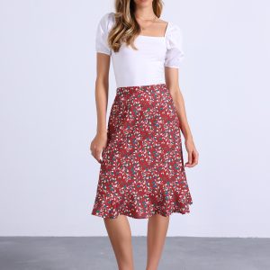 Floral Ruffle Elastic High Waist Button Flowy Split Midi Skirt Dark Red/M - Allegra K catalog