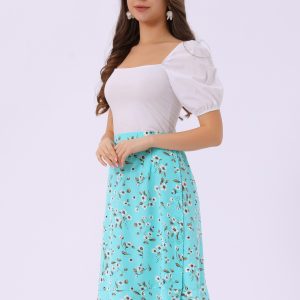 Floral Ruffle Elastic High Waist Button Flowy Split Midi Skirt Sky Blue/S - Allegra K catalog
