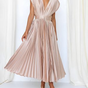 Elegant Deep V Neck Cap Sleeves Luxe Satin Pleated Midi Office Dress Pink/S - Allegra K catalog