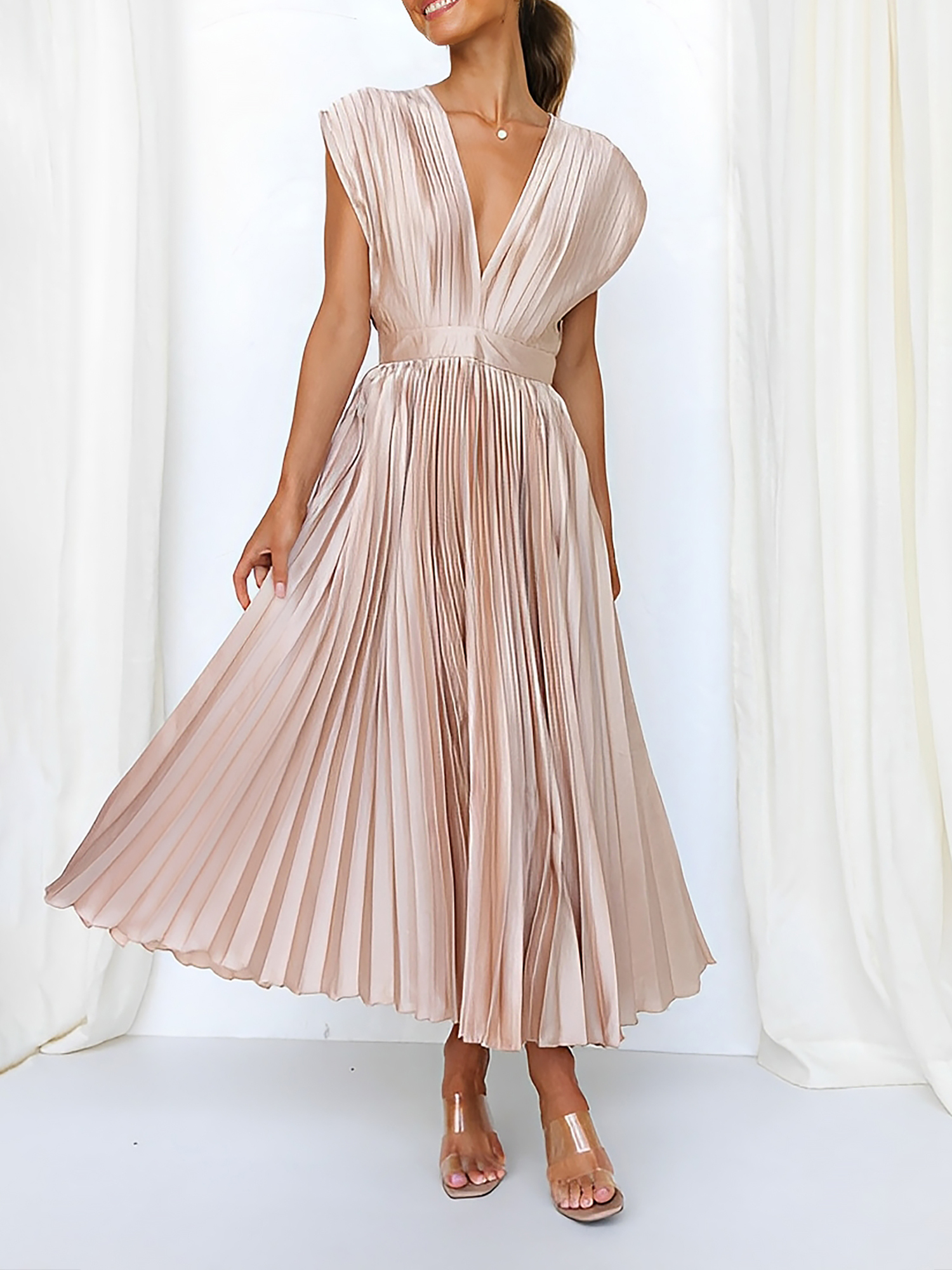 Elegant Deep V Neck Cap Sleeves Luxe Satin Pleated Midi Office Dress Pink/S - Allegra K catalog