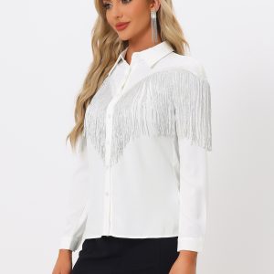 Glitter Fringe Long Sleeve Button Down Disco Party Cowgirl Blouse White/2XL - Allegra K catalog
