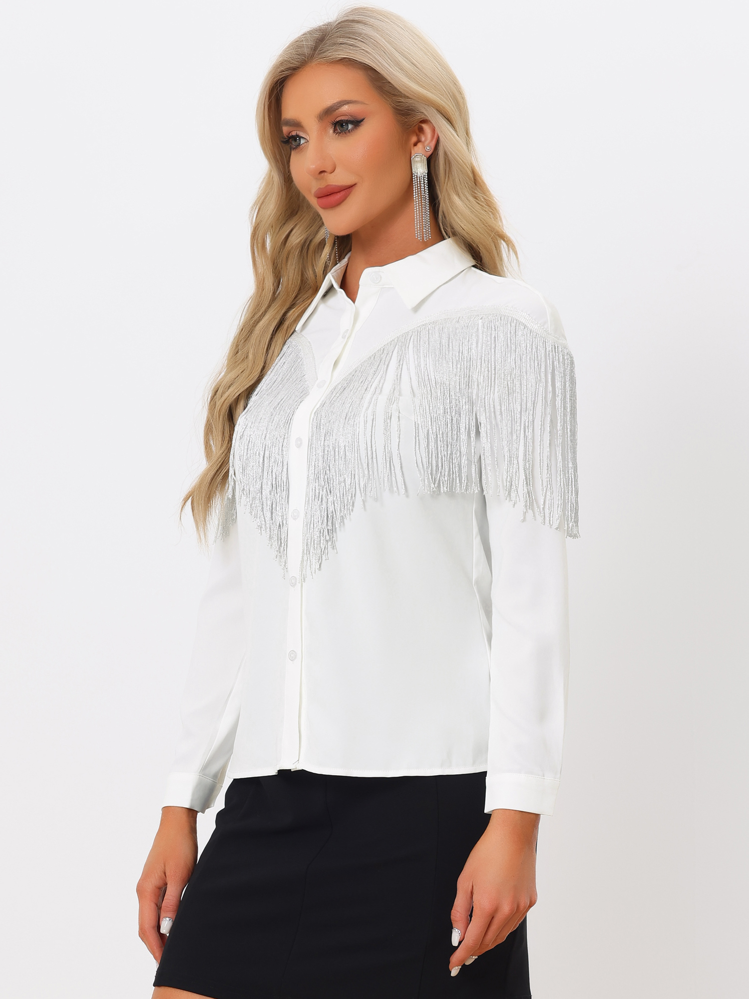 Glitter Fringe Long Sleeve Button Down Disco Party Cowgirl Blouse White/2XL - Allegra K catalog