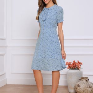 Peter Pan Collar Tie Neck Short Sleeve A-Line Belted Floral Dress Sky Blue/S - Allegra K catalog
