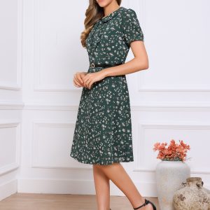 Peter Pan Collar Tie Neck Short Sleeve A-Line Belted Floral Dress Green/M - Allegra K catalog