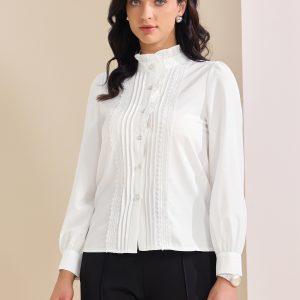 Ruffled Button Down Long Sleeve Work Shirts White/M - Allegra K catalog
