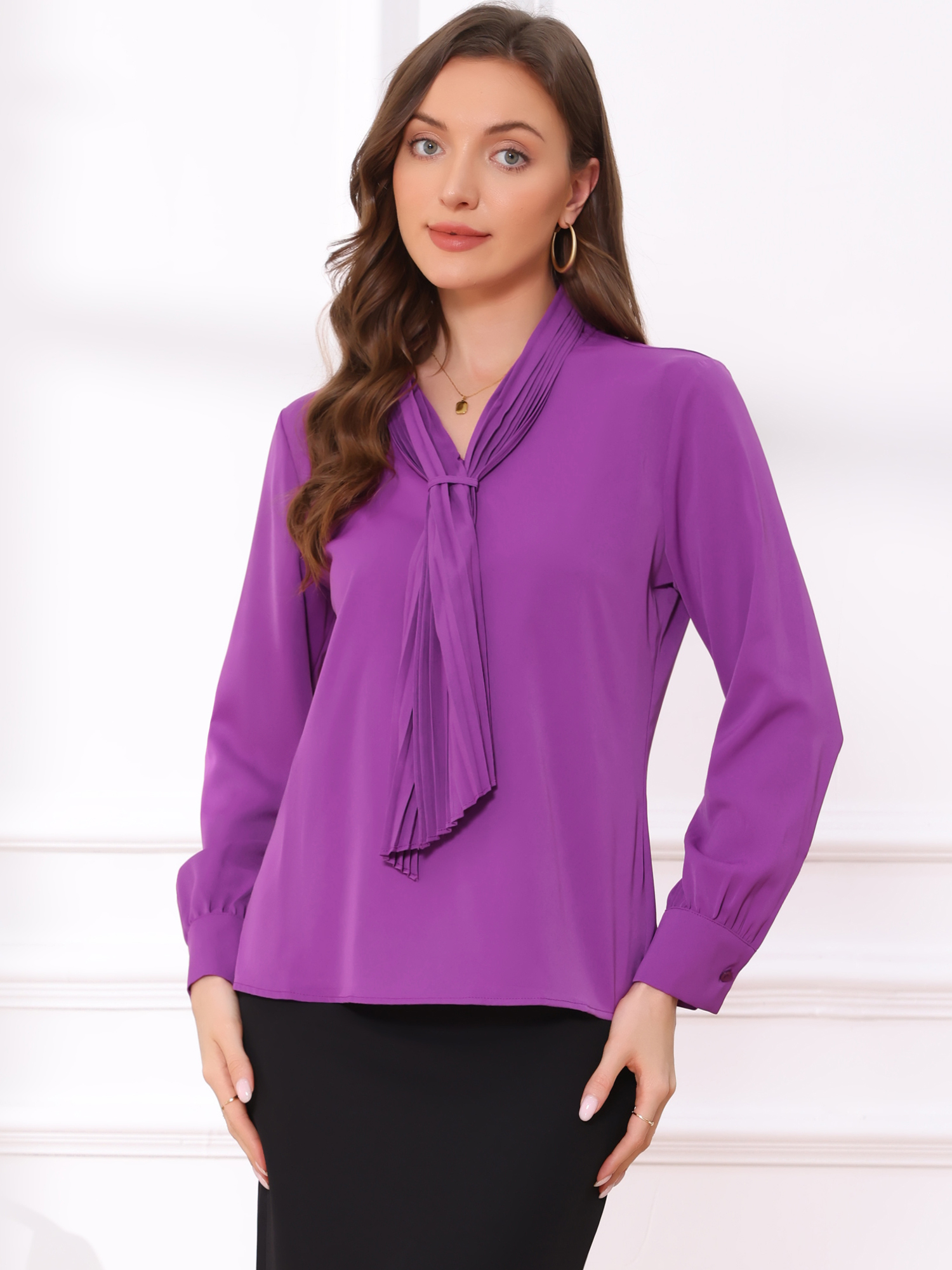 Long Sleeve Chiffon Pleated Tie Neck Office Blouse Violet/M - Allegra K catalog