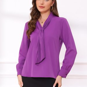 Long Sleeve Chiffon Pleated Tie Neck Office Blouse Violet/XL - Allegra K catalog