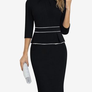 Classic Slim Sheath Silhouette Round Neck 3/4 Sleeves Midi Sheath Office Dress Black/L - Allegra K catalog