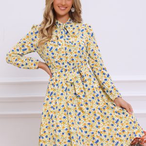 Tie Neck Chiffon Long Sleeve Belted Vintage Floral Dress White Yellow/XS - Allegra K catalog