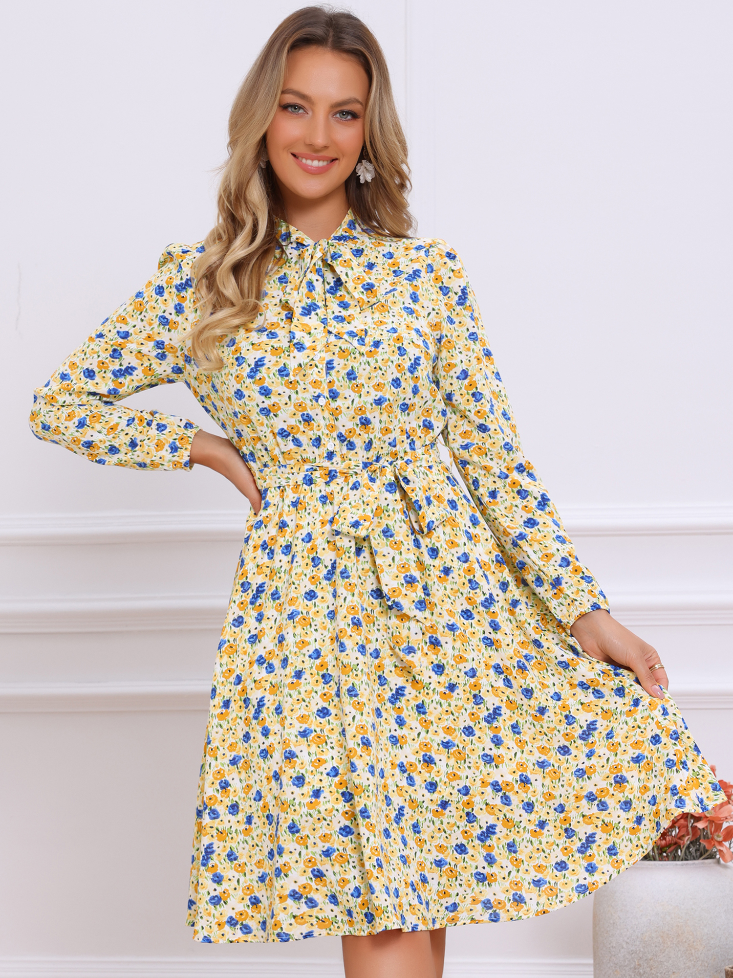 Tie Neck Chiffon Long Sleeve Belted Vintage Floral Dress White Yellow/XS - Allegra K catalog
