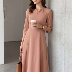Notch Neck 3/4 Sleeve Pocketed Solid A-Line Work Dress Rose Tan/L - Allegra K catalog