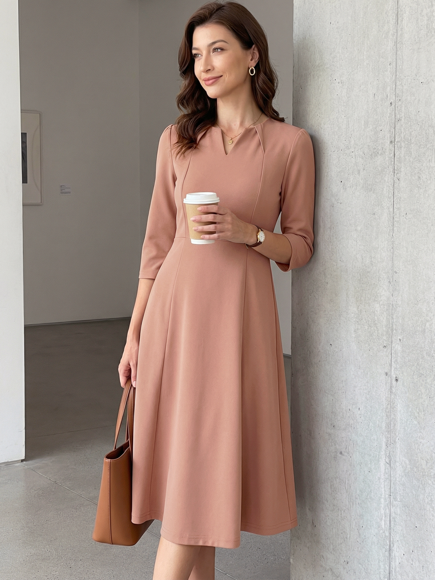 Notch Neck 3/4 Sleeve Pocketed Solid A-Line Work Dress Rose Tan/L - Allegra K catalog